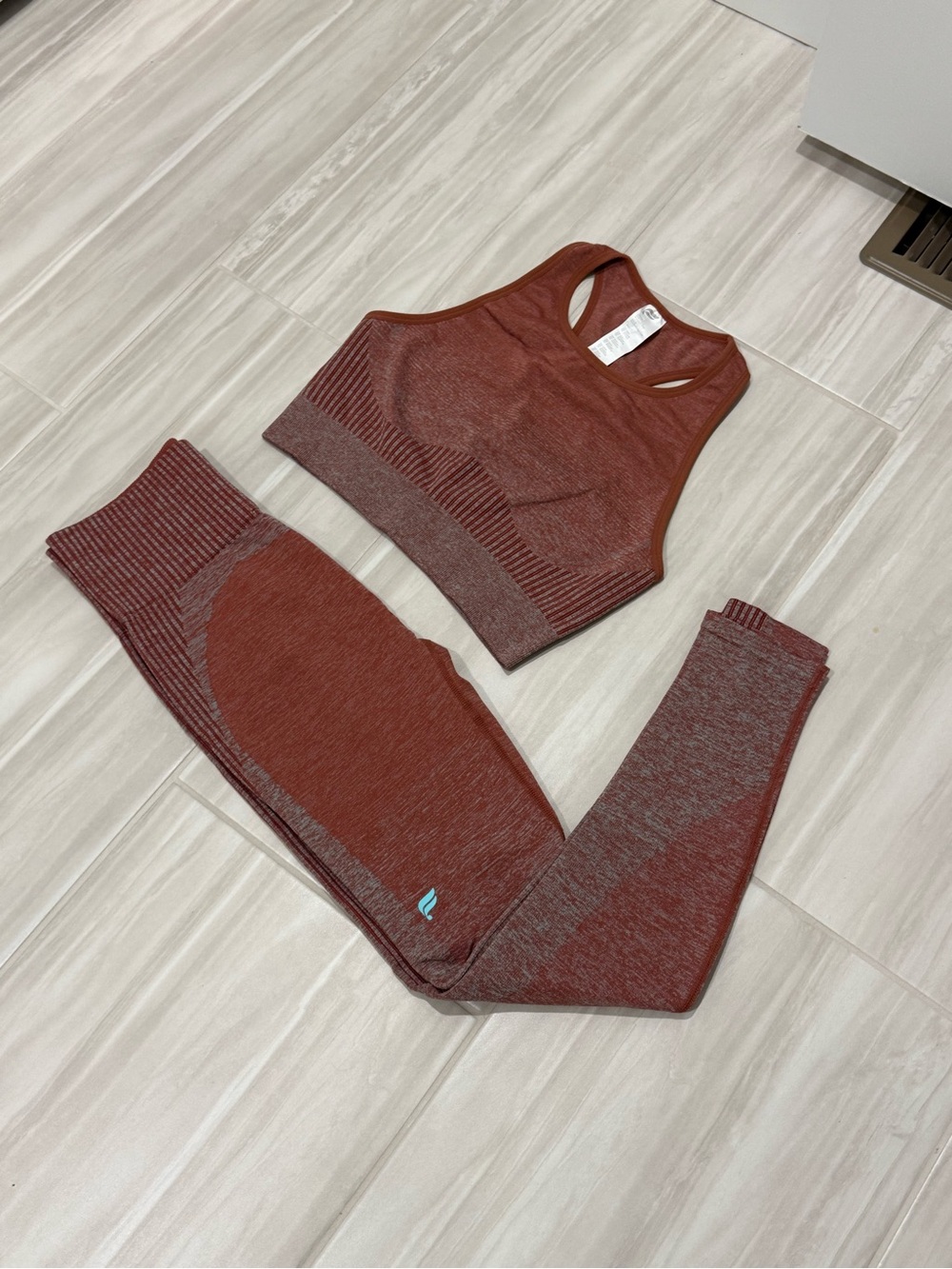 Fabletics Rust Red Seamless Crop Sports Bra Top and Legging Set